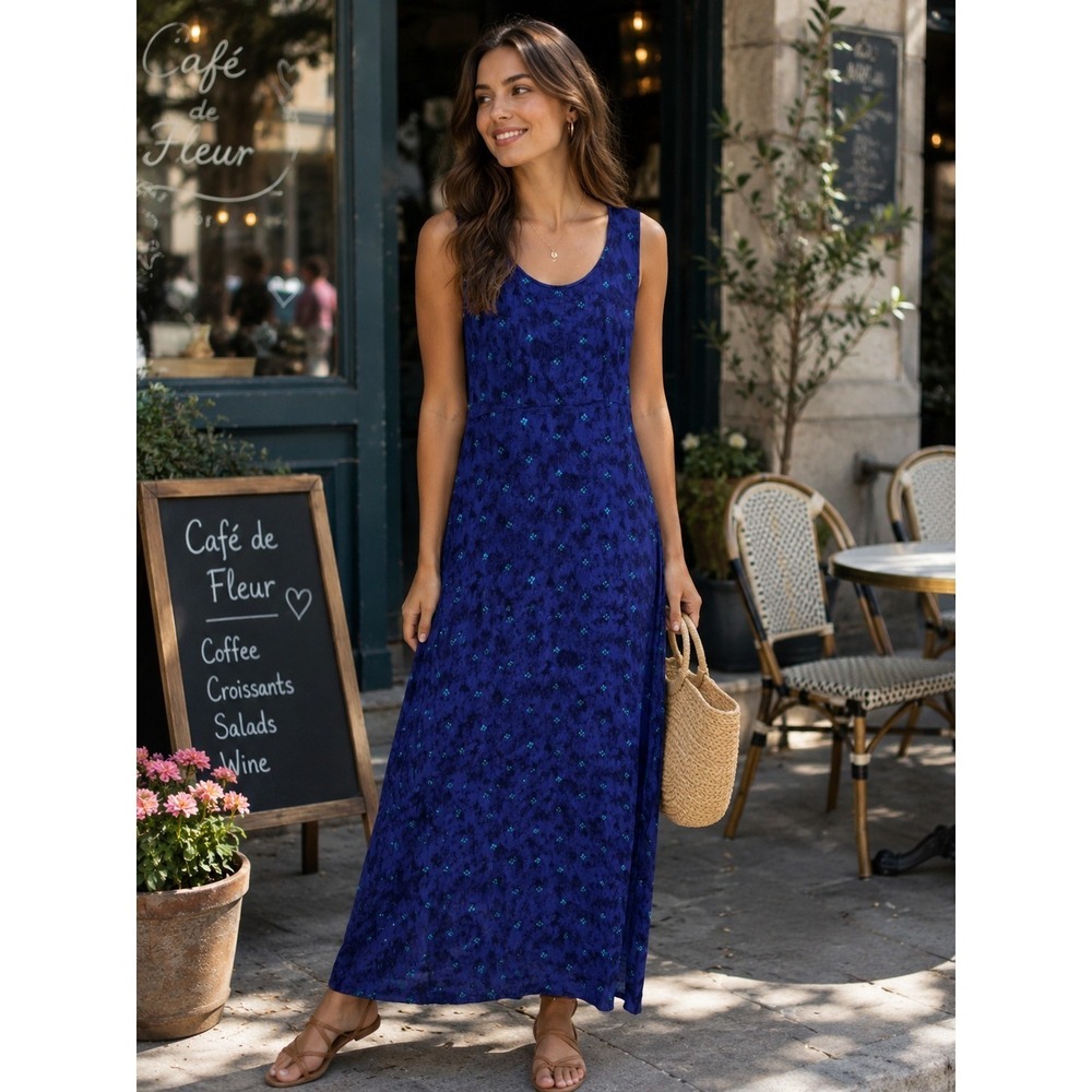 Blue Maxi Tank Dress Sz 16 Empire Waist Aqua Diamond Print Modest Cute Travel‎